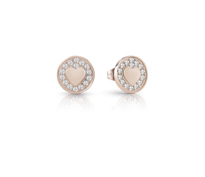 Guess Round Stone Set Heart Earrings In Rose