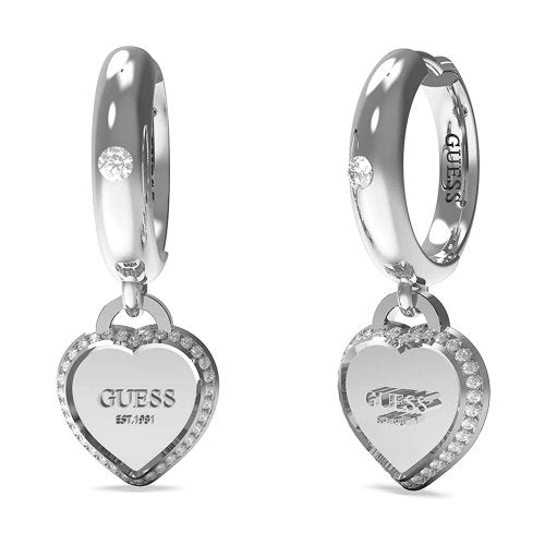 Guess Silver Plated Cubic Zirconia Heart Drop Huggie Earring