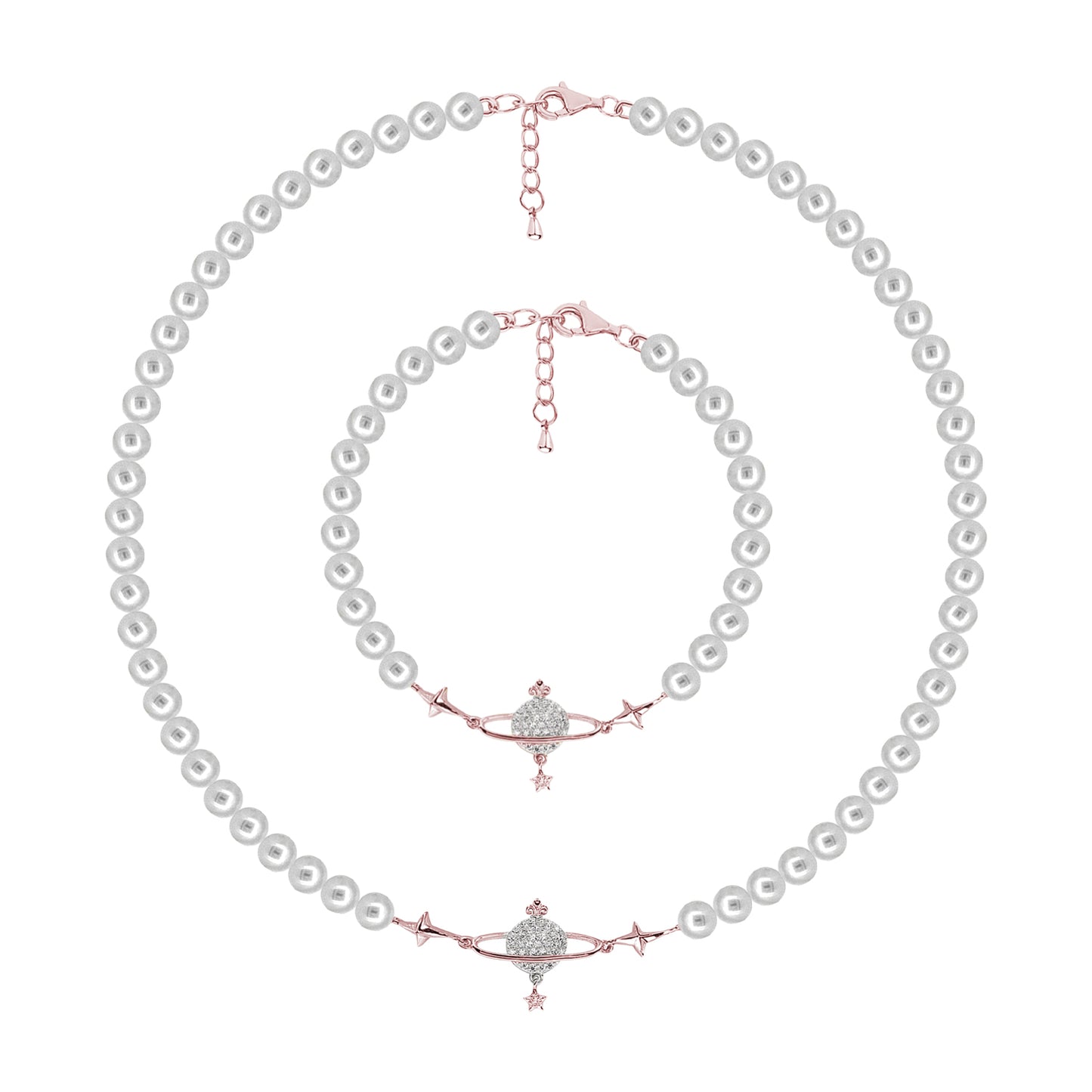 Sterling Silver Rose Plated 16' 6mm Pearl String With Planet