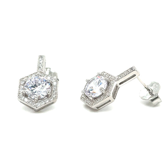 Sterling Silver Round CZ Octagonal Halo Drop Earring