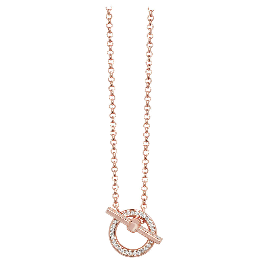 Sterling Silver T/Bar And Circle Cubic Zirconia Necklet In Rose