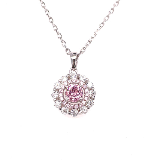 Sterling Silver Cubic Zirconia And Pink Stone Cluster Necklet