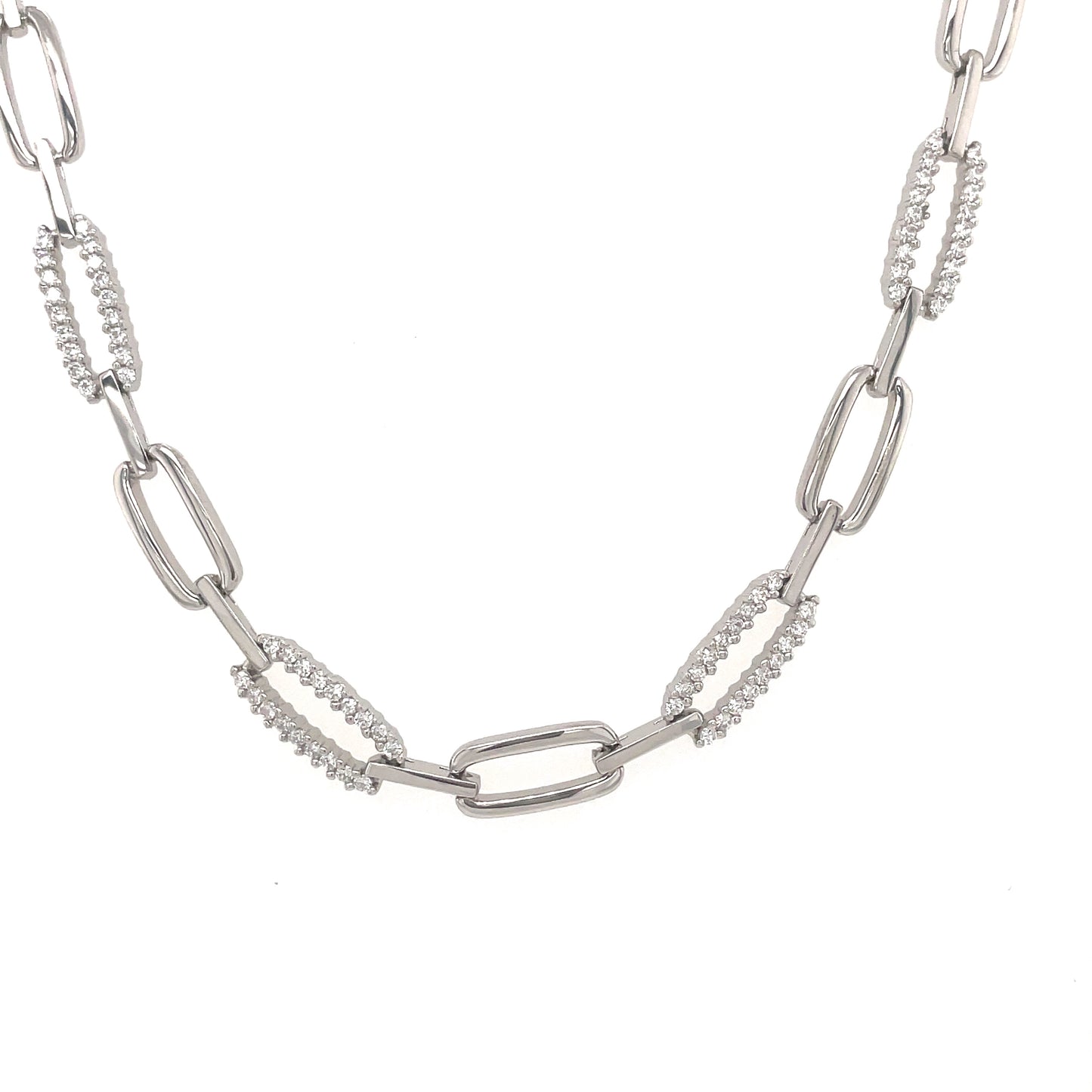 Sterling Silver Cubic Zirconia And Plain Oval Link Chain