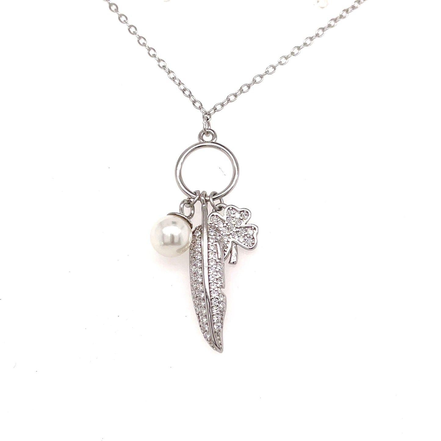 Sterling Silver Charm Necklet With Feather, Pearl And Shamrock