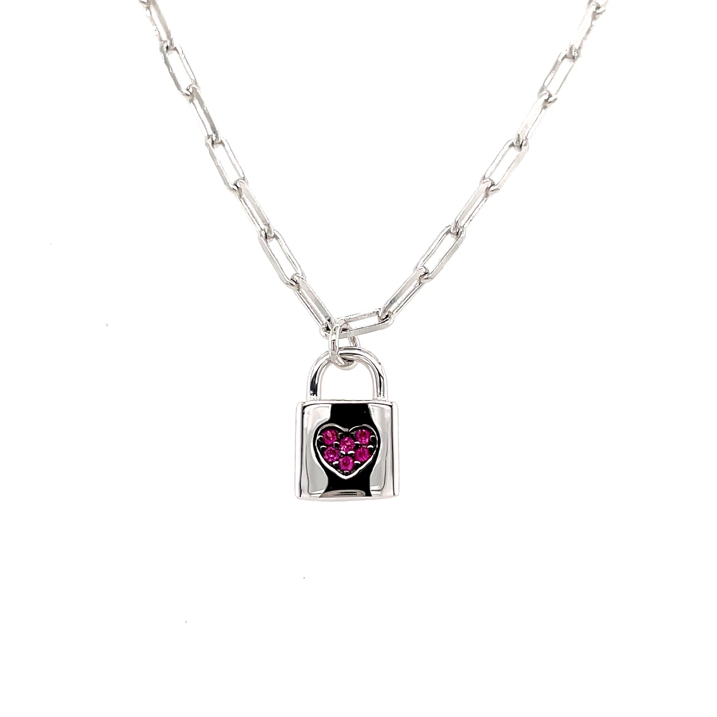 Sterling Silver Pink Cubic Zirconia Lock Necklet