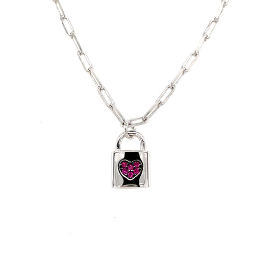 Sterling Silver Pink Cubic Zirconia Lock Necklet