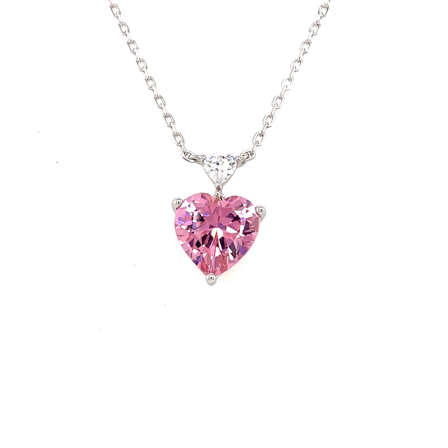 Sterling Silver Pink Cubic Zirconia Heart Drop Necklet