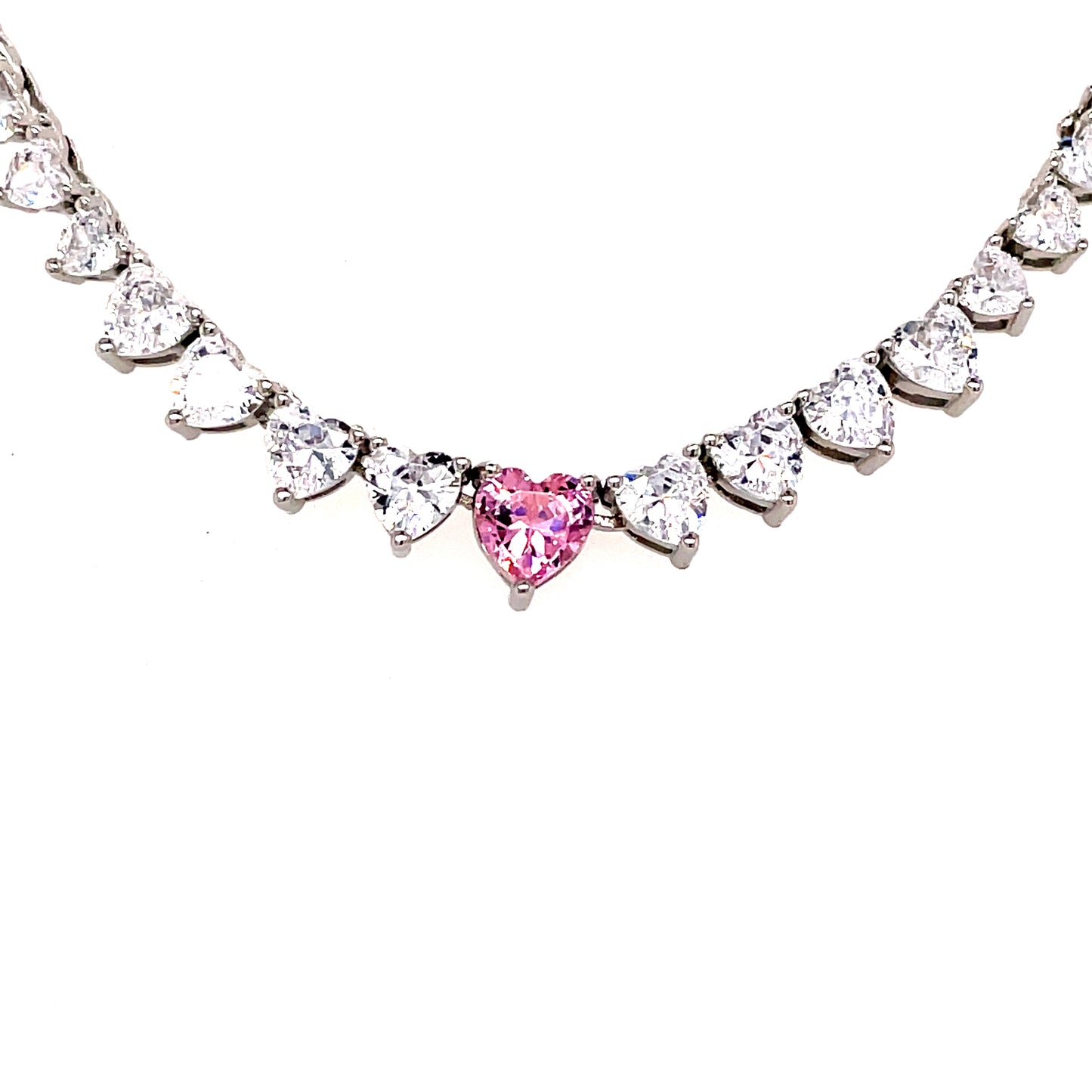 Sterling Silver Cubic Zirconia Pink Heart Tennis Necklet