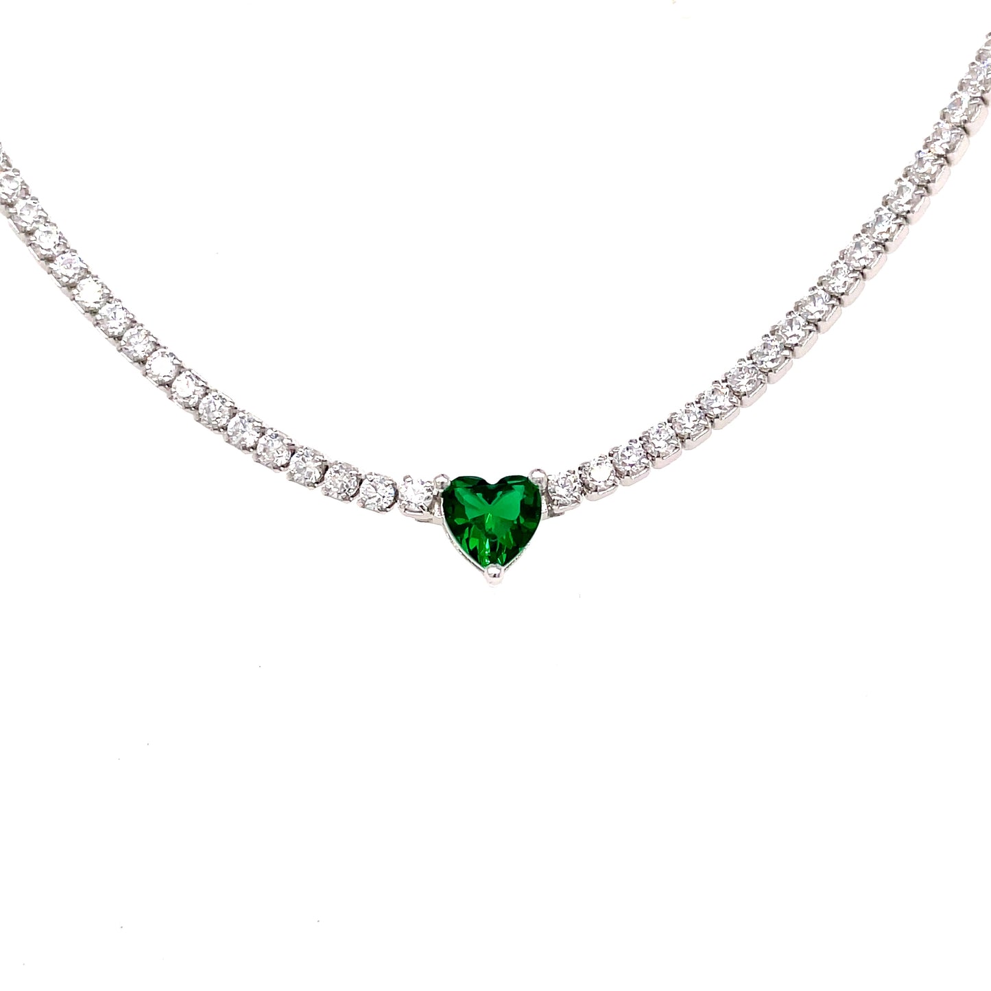 Sterling Silver Cubic Zirconia Green Heart 16' Necklet