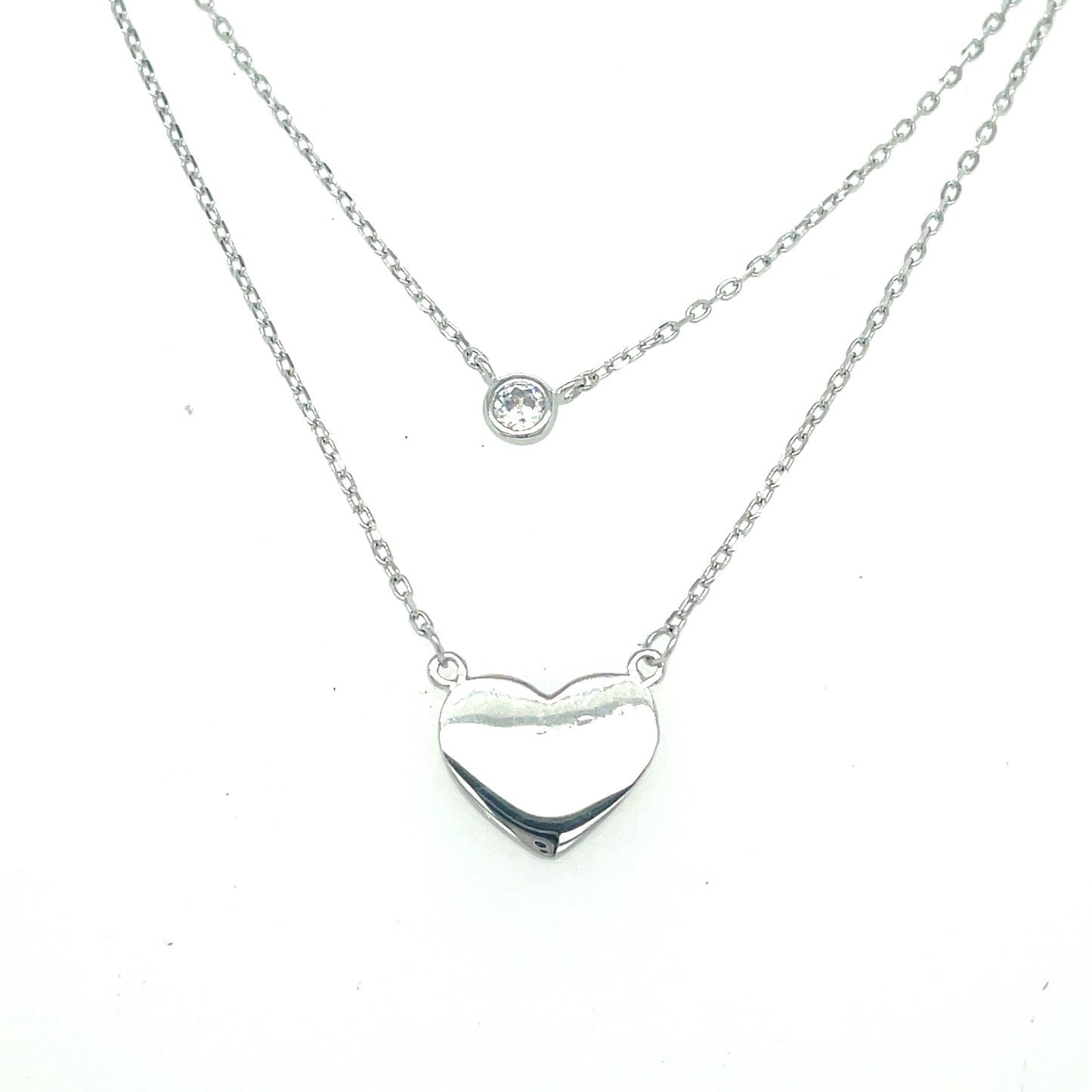 Sterling Silver Heart And Cubic Zirconia Rubover Layer Necklet