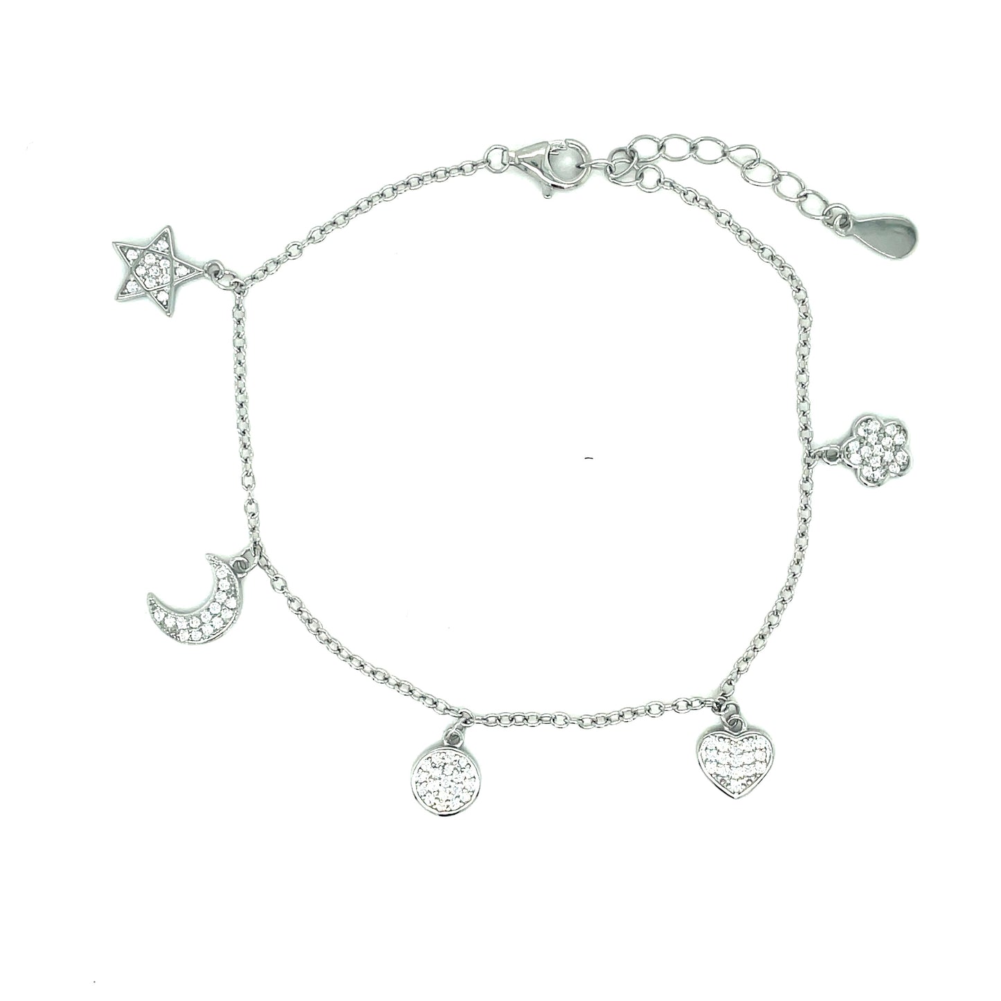 Sterling Silver Cubic Zirconia Moon And Star Charm Bracelet
