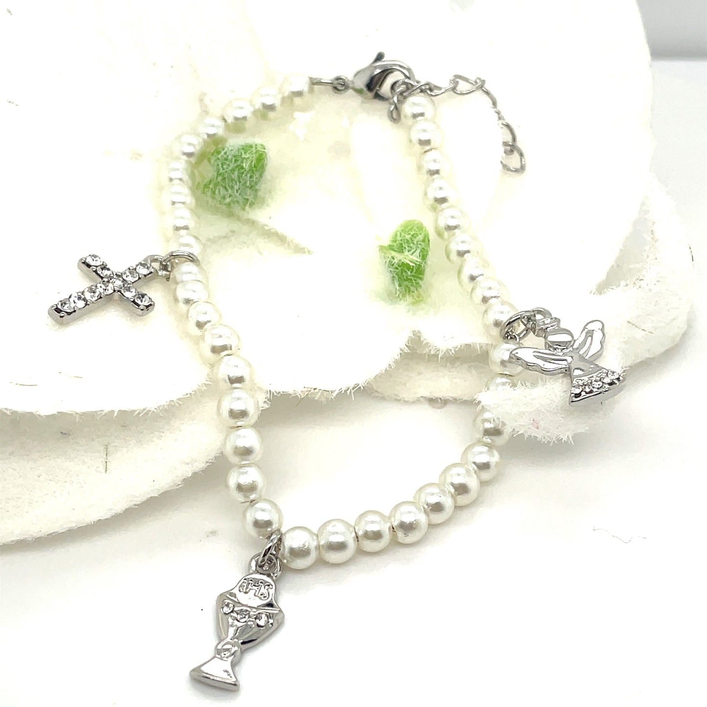 Silver Plated Pearl Chalice Angel Cross Communion Bracelet