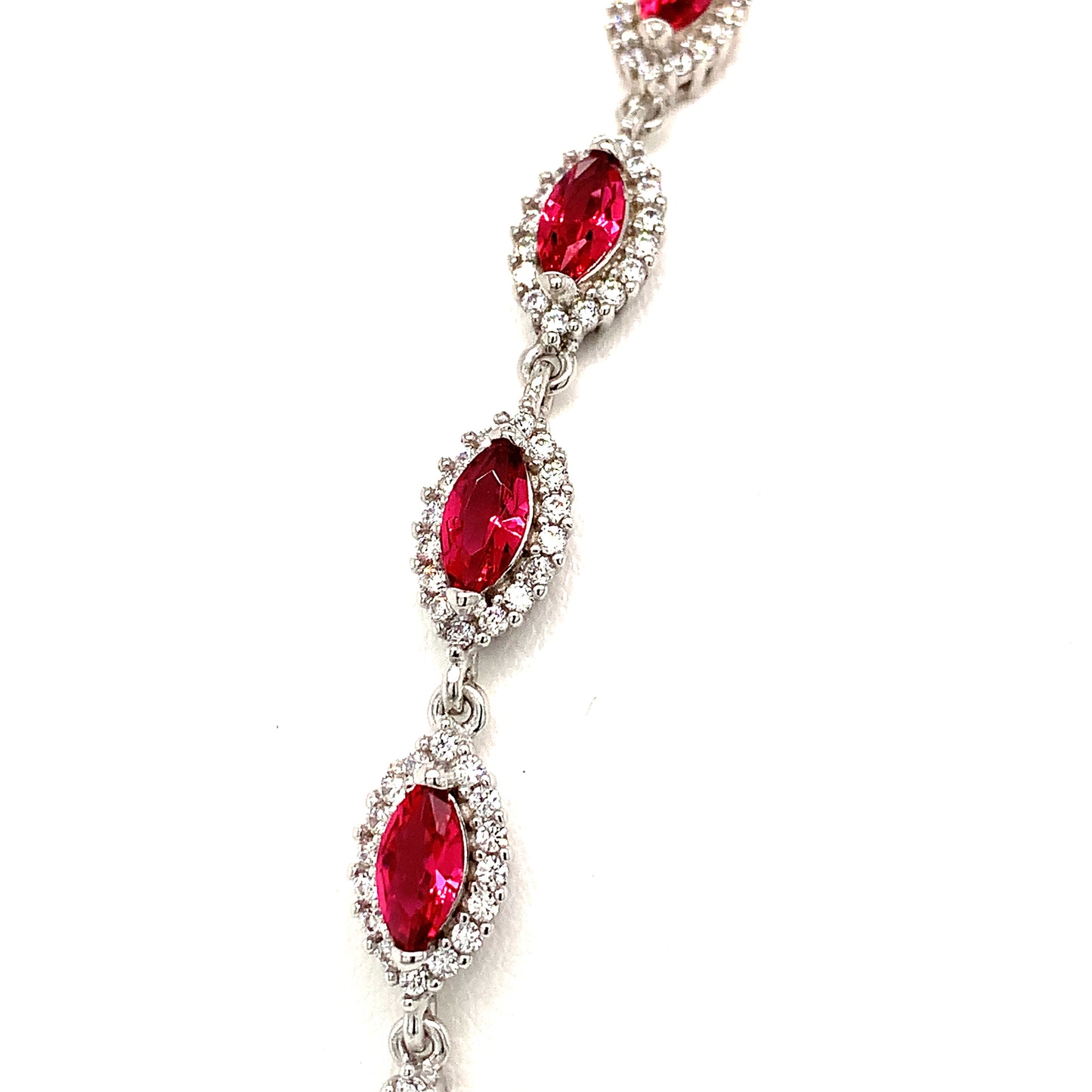 Silver Red And White Cubic Zirconia Oval Link Bracelet