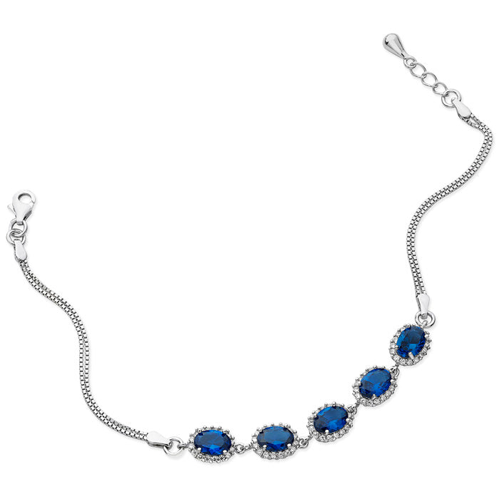Sterling Silver Blue And Cubic Zirconia Oval Cluster Bracelet