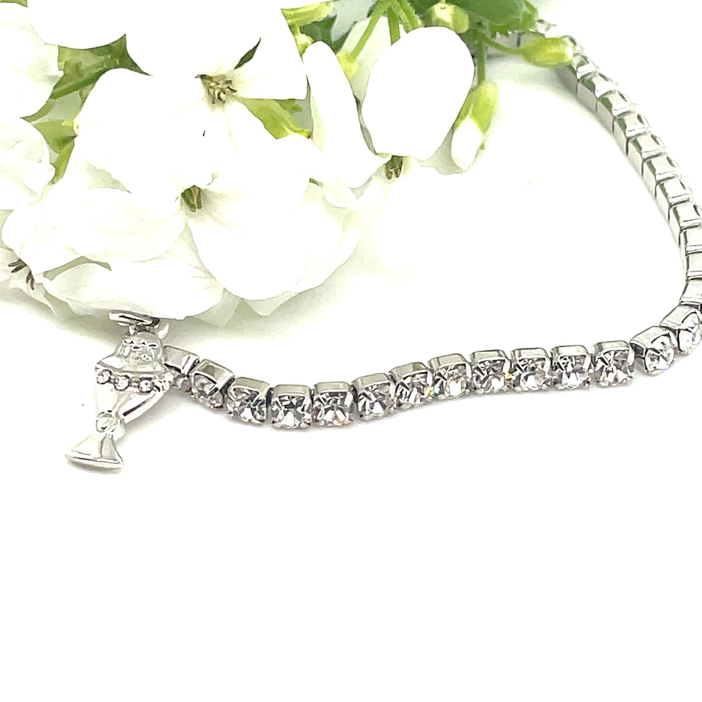 Silver Plated Cz Tennis Style Toggle Bracelet With Chalice