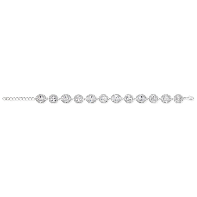 Sterling Silver Cubic Zirconia Oval And Square Cluster Bracelet