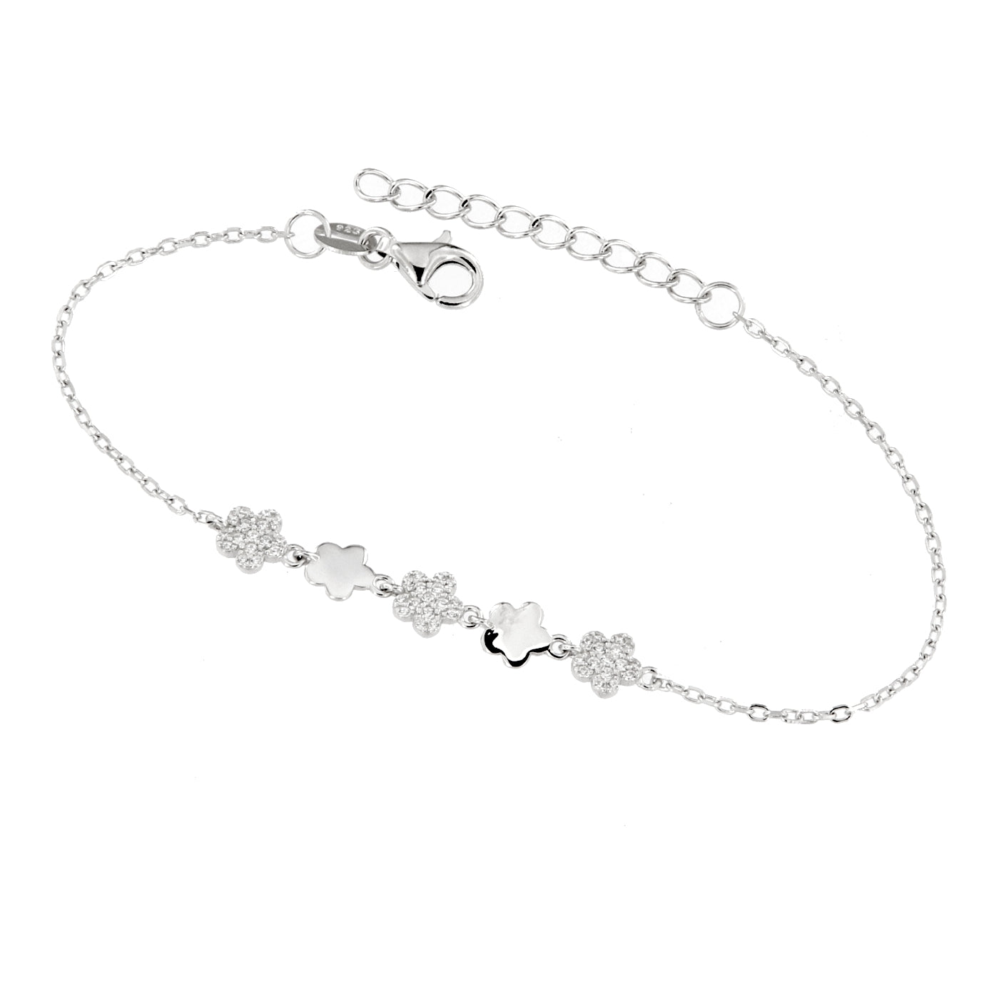 Sterling Silver Cubic Zirconia And Plain Flower Bracelet