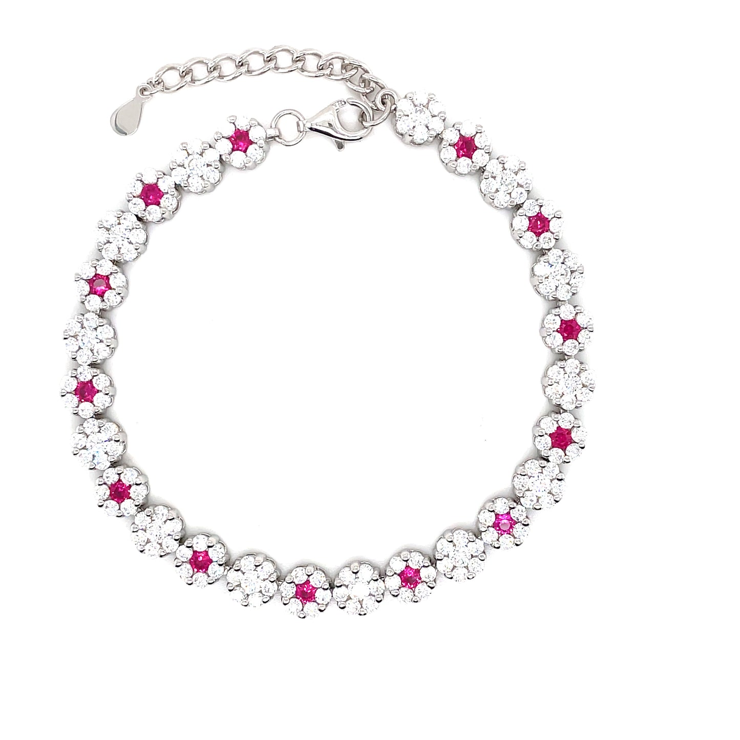 Sterling Silver Cubic Zirconia And Pink Stone Cluster Bracelet