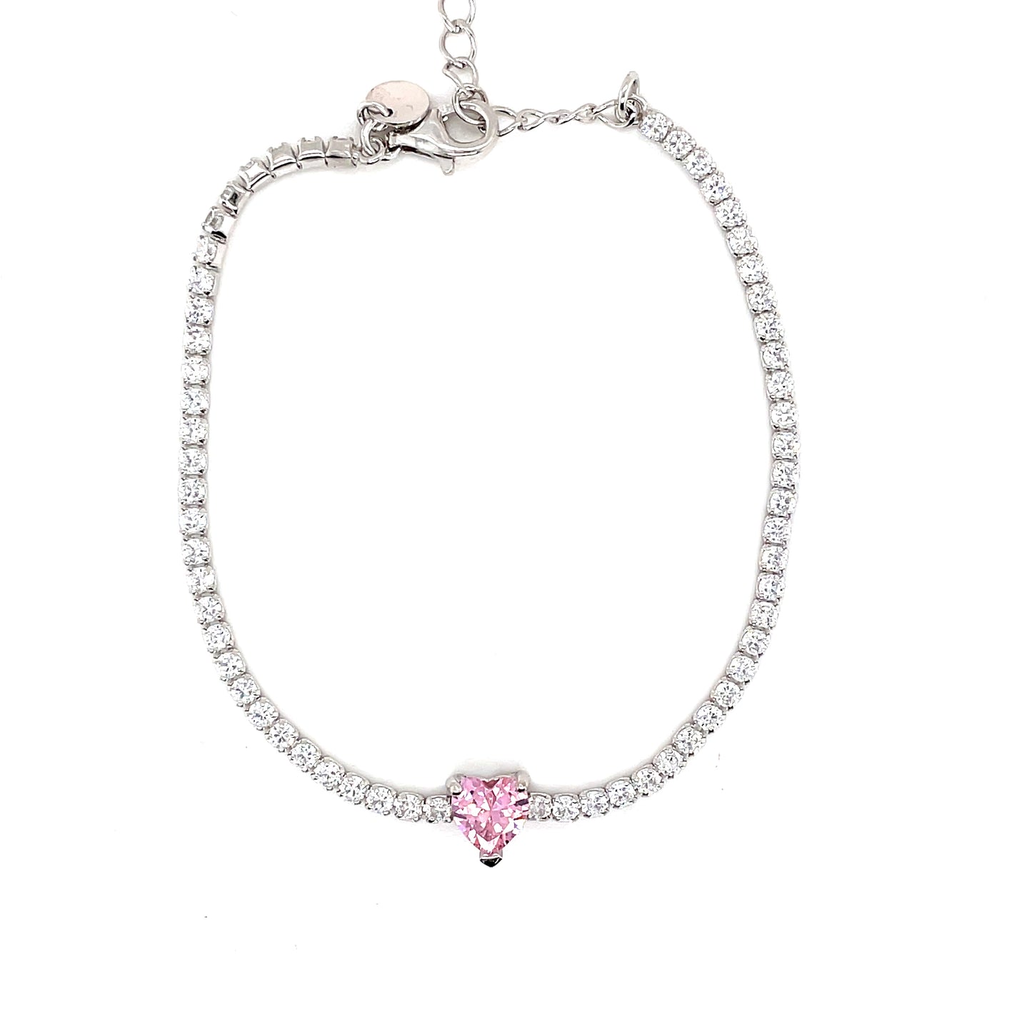 Sterling Silver Cubic Zirconia Tennis Bracelet With Pink Heart