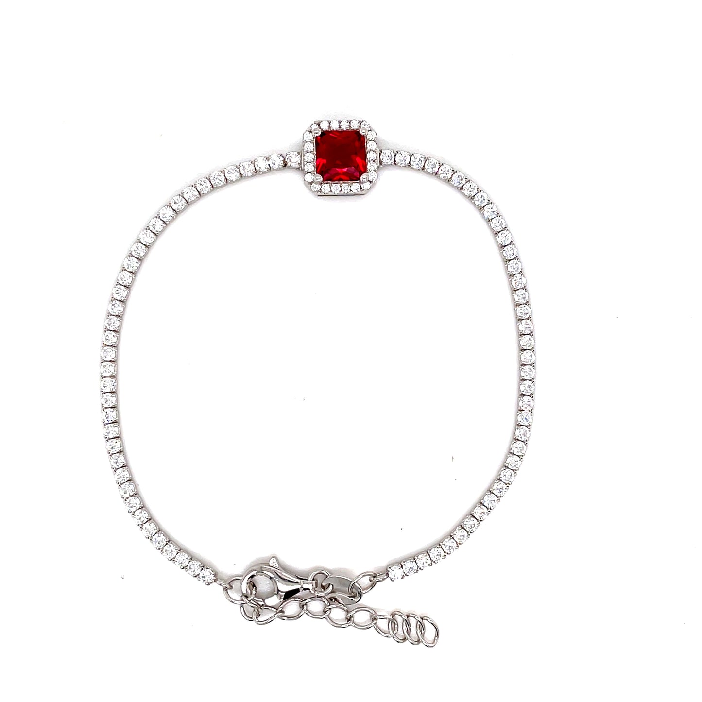 Sterling Silver Bracelet With Square Red Cubic Zirconia Centre