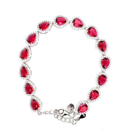 Sterling Silver Pear Cluster Bracelet With Red Cubic Zirconia