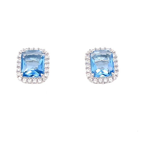 Sterling Silver Blue Cubic Zirconia Sqare Stud Earring