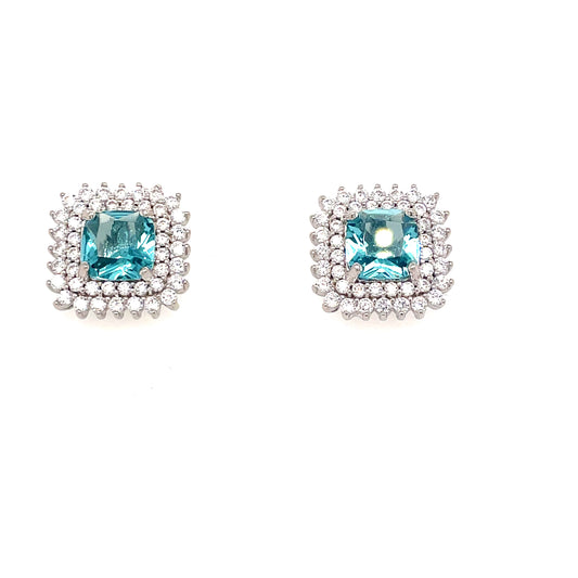 Sterling Silver Blue Cubic Zirconia Square Stud Earring