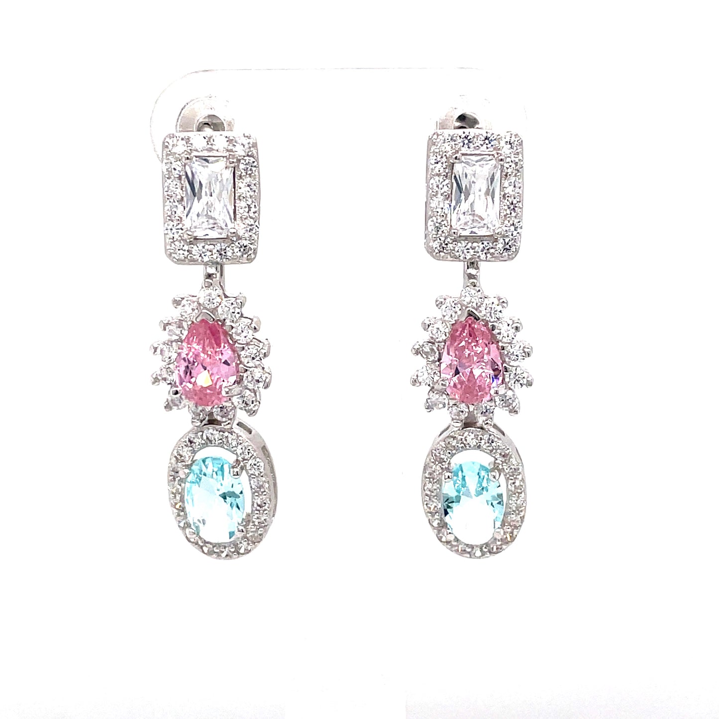 Sterling Silver Pink And Blue Cubic Zirconia Drop Earring