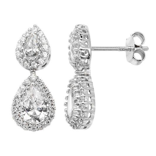 Silver Earring Double Cubic Zirconia Tear Drop