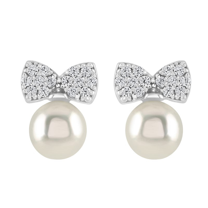 Silver Earring Cubic Zirconia Bow With Pearl