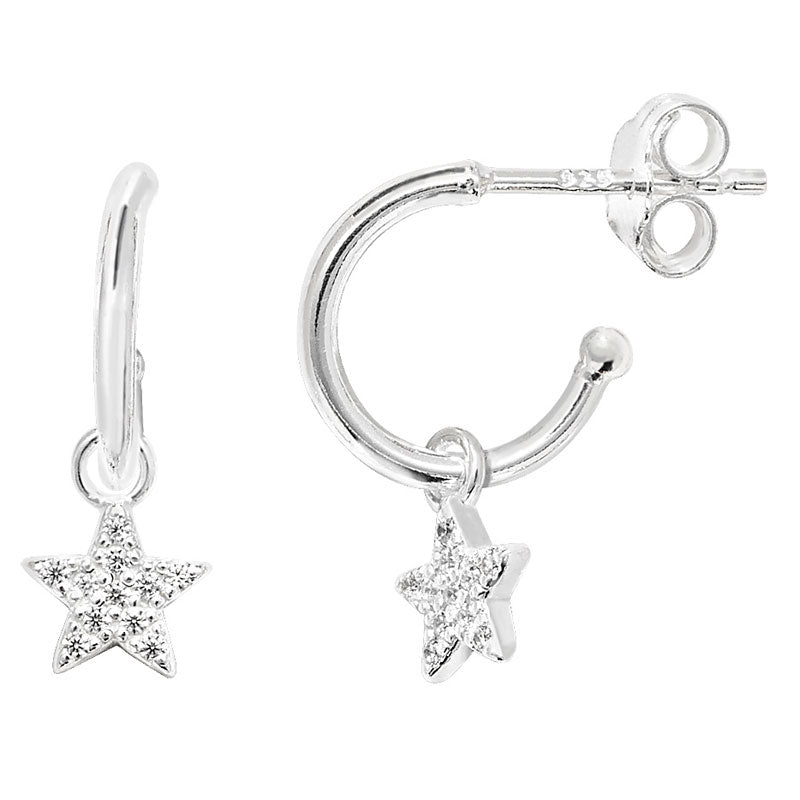 Silver Earring Drop Cubic Zirconia Star Hoop