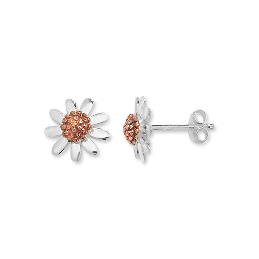 Sterling Silver Polished Daisy Earrings With Rose Plated Centre