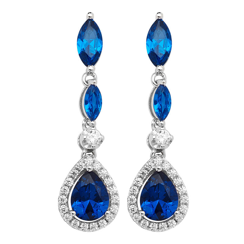 Sterling Silver Pear Cubic Zirconia Blue Stone Drop Earring