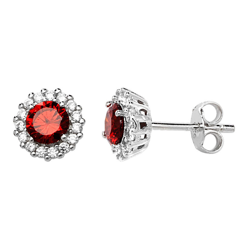 Sterling Silver Cubic Zirconia Red Stone Cluster Stud Earring
