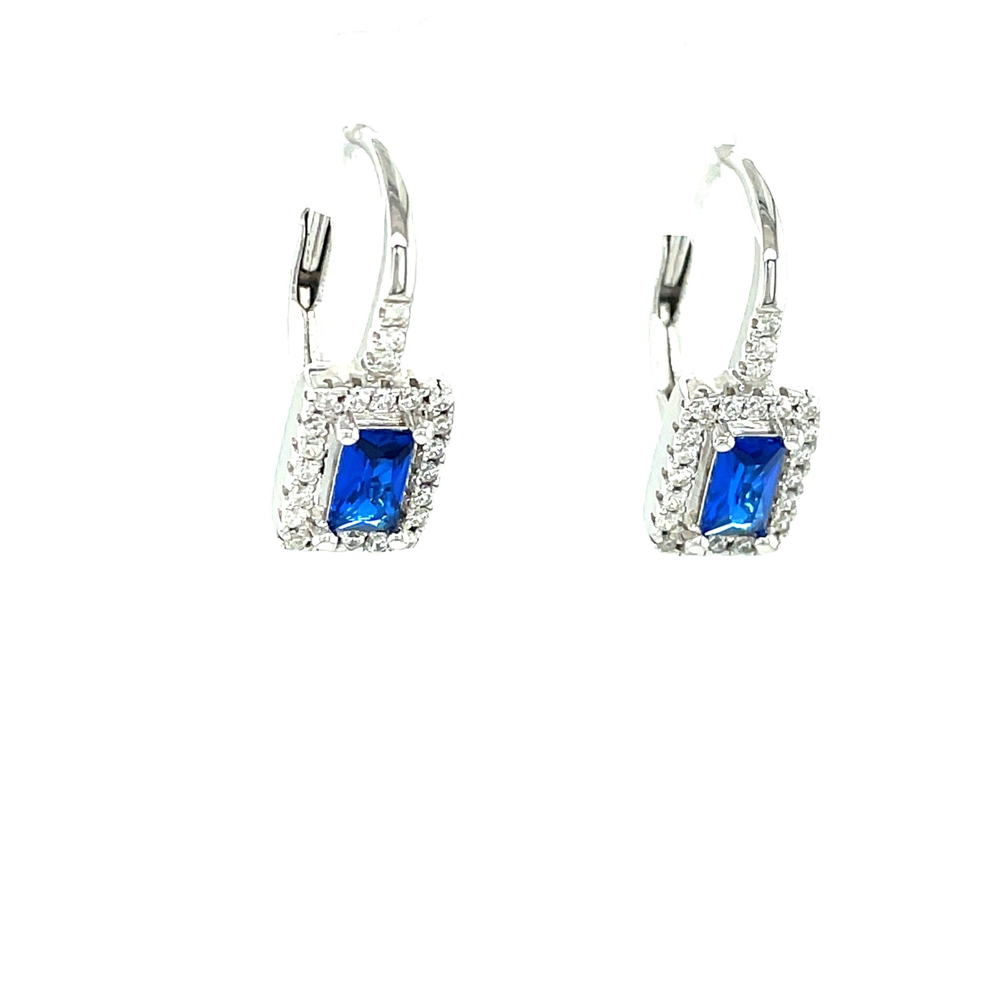 Sterling Silver Cubic Zirconia/Blue Square Cluster Hoop Earring