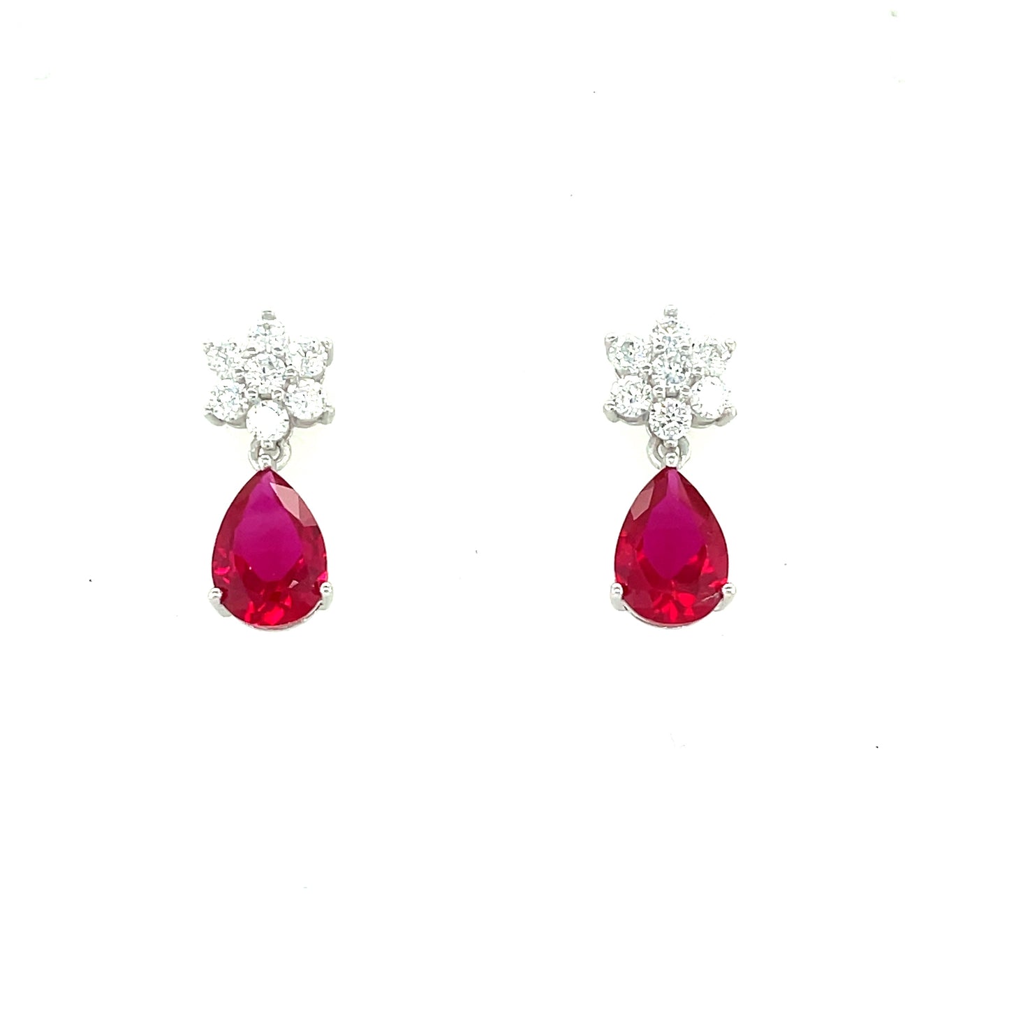 Sterling Silver Red/Cubic Zirconia Flower/Pear Drop Earring