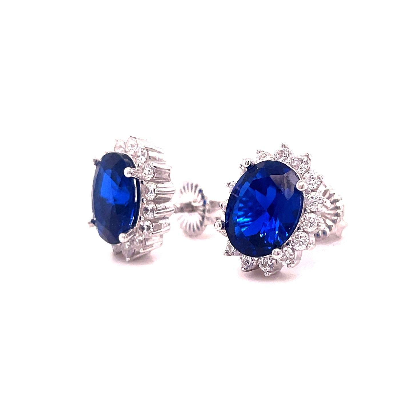 Sterling Silver Blue/Cubic Zirconia Oval Cluster Stud Earring