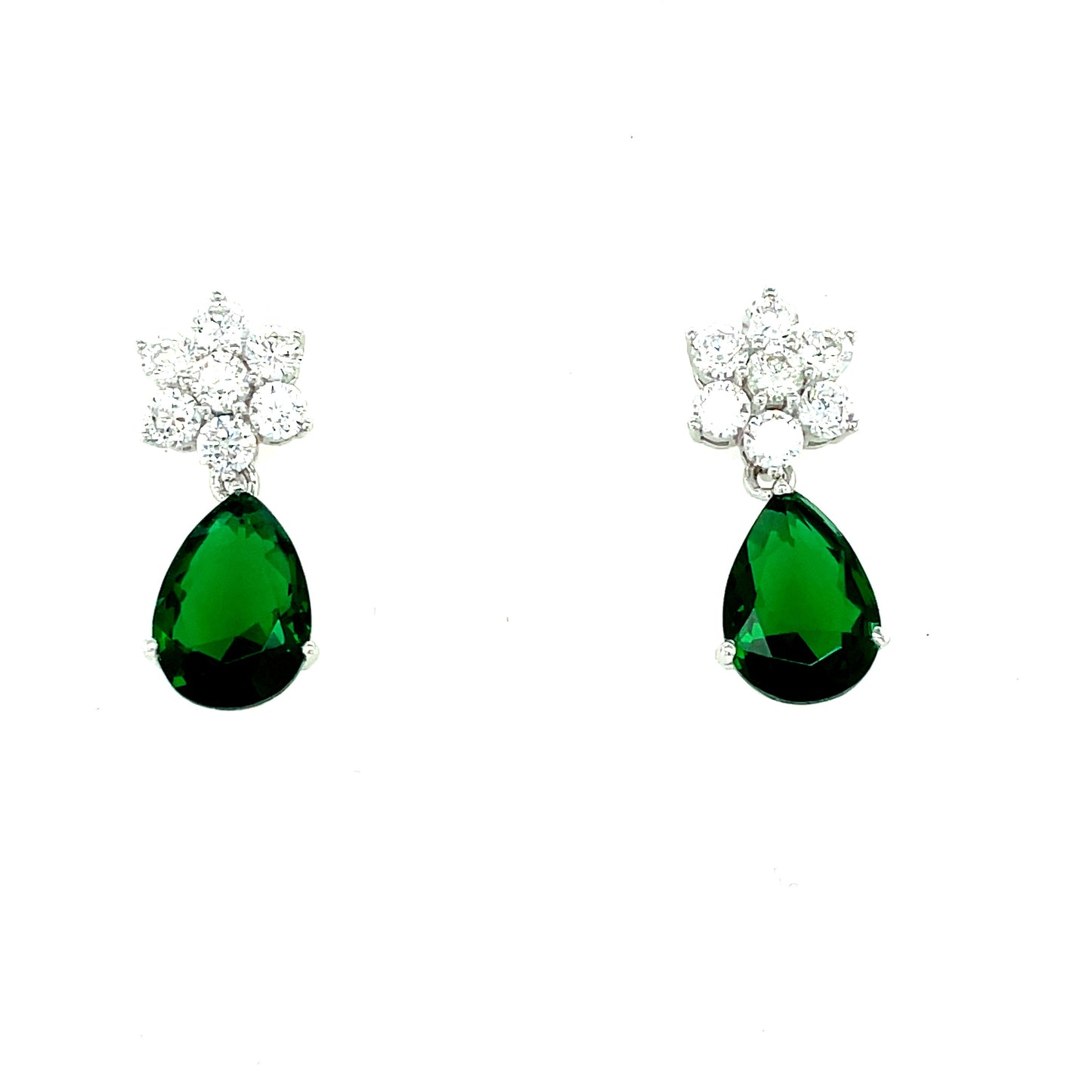 Sterling Silver Green/Cubic Zirconia Flower/Pear Drop Earring