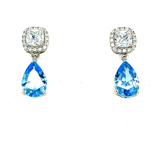 Sterling Silver Cubic Zirconia/Aqua Square/Pear Drop Earring