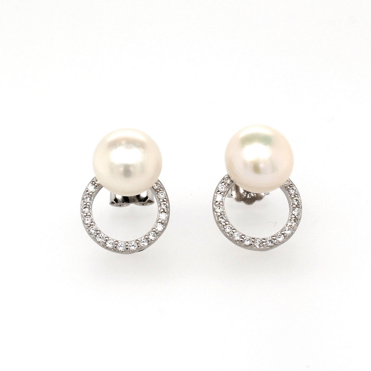 Sterling Silver Pearl 8.5mm Open Cubic Zirconia Earrings