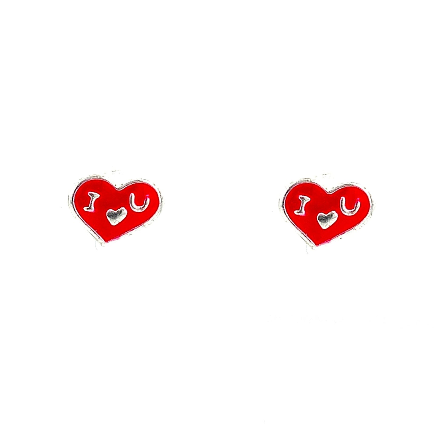 Sterling Silver Red 'I Love You' Heart Kids Earrings
