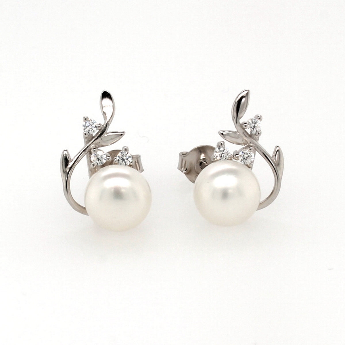 Sterling Silver 7.5mm Pearl And Cubic Zirconia Leaf Stud Earring