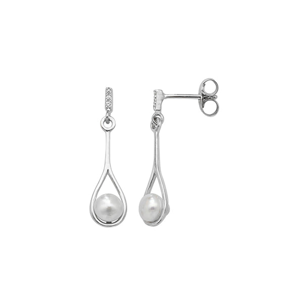 Sterling Silver Pearl And Cubic Zirconia Drop Earrings