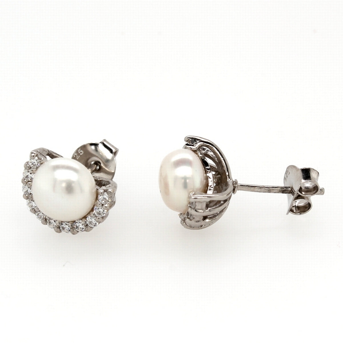 Sterling Silver 8mm Pearl And Cubic Zirconia Horseshoe Earrings