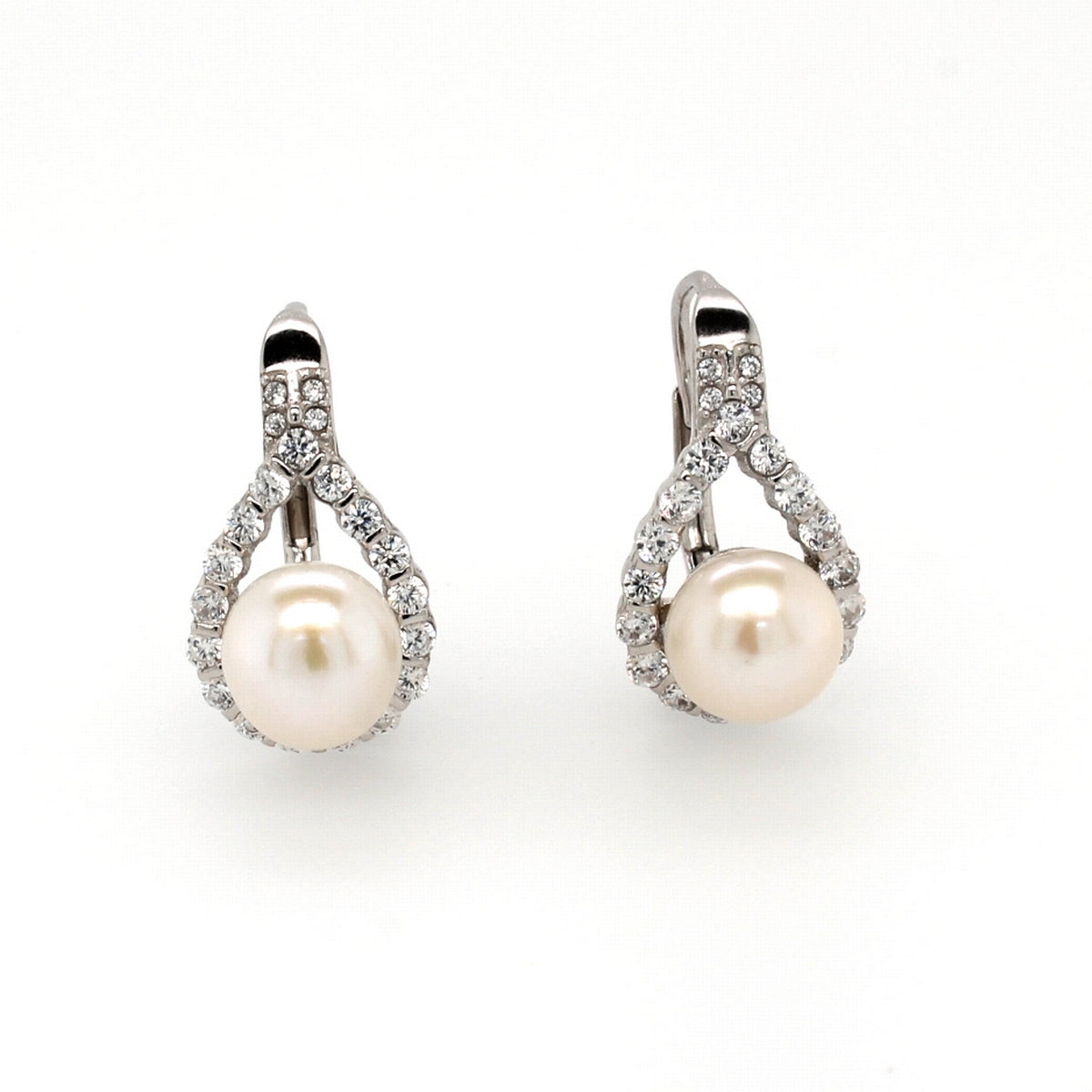 Sterling Silver 7mm Pearl And Cubic Zirconia Pear Earrings