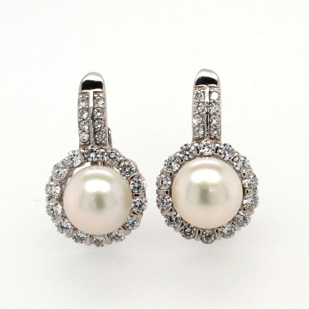 Sterliing Silver 7mm Pearl And Cubic Zirconia Halo Earrings