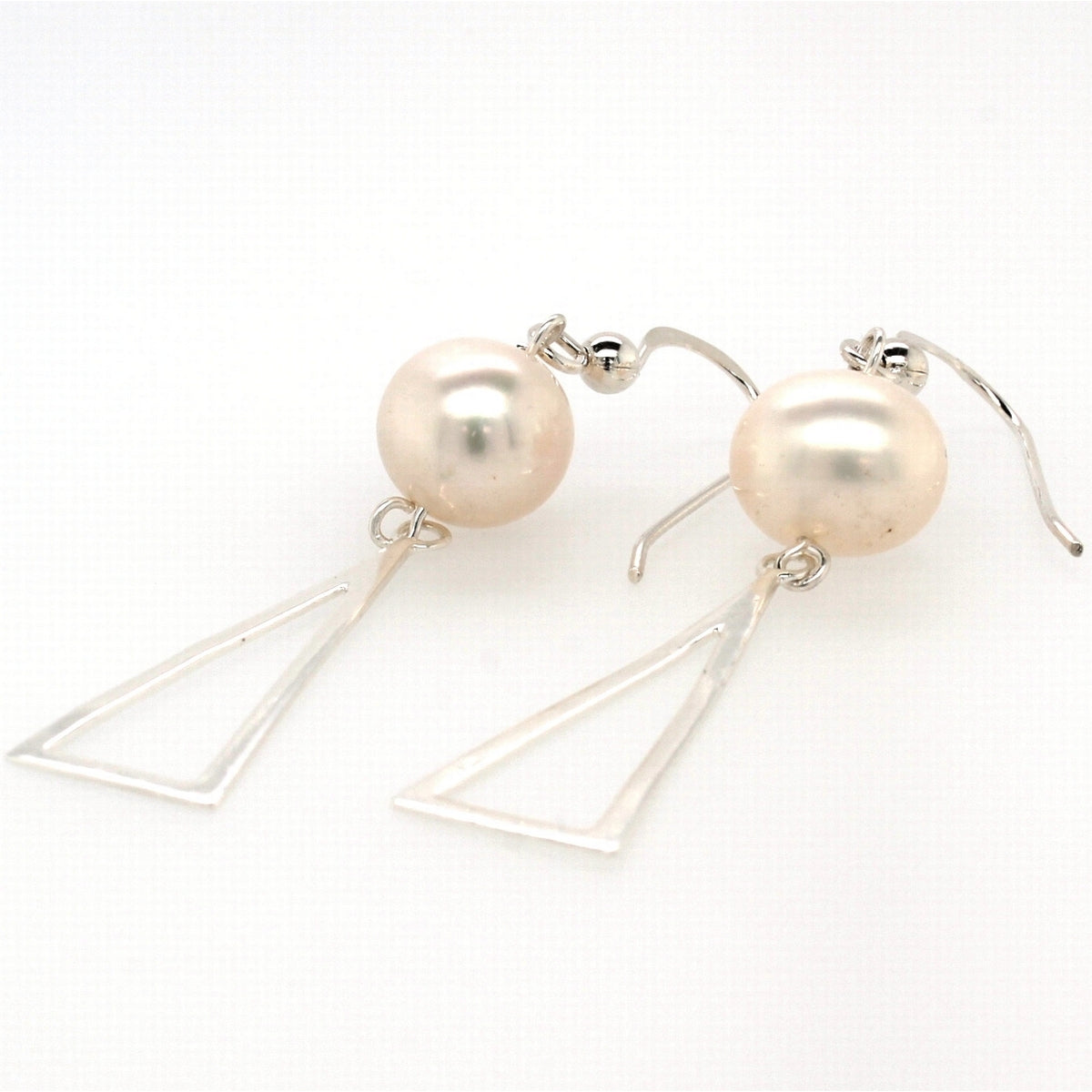 Sterling Silver 9.5mm Pearl Triangle Drop Earrings