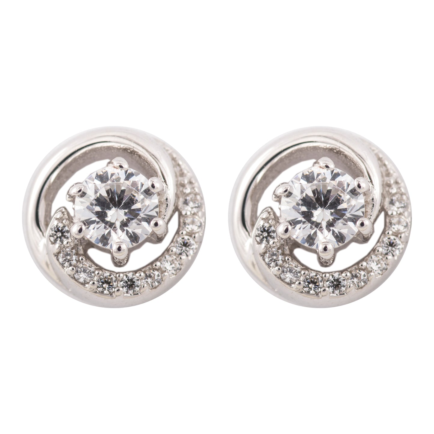 Sterling Silver Cubic Zirconia And Plain Swirl Stud Earrings