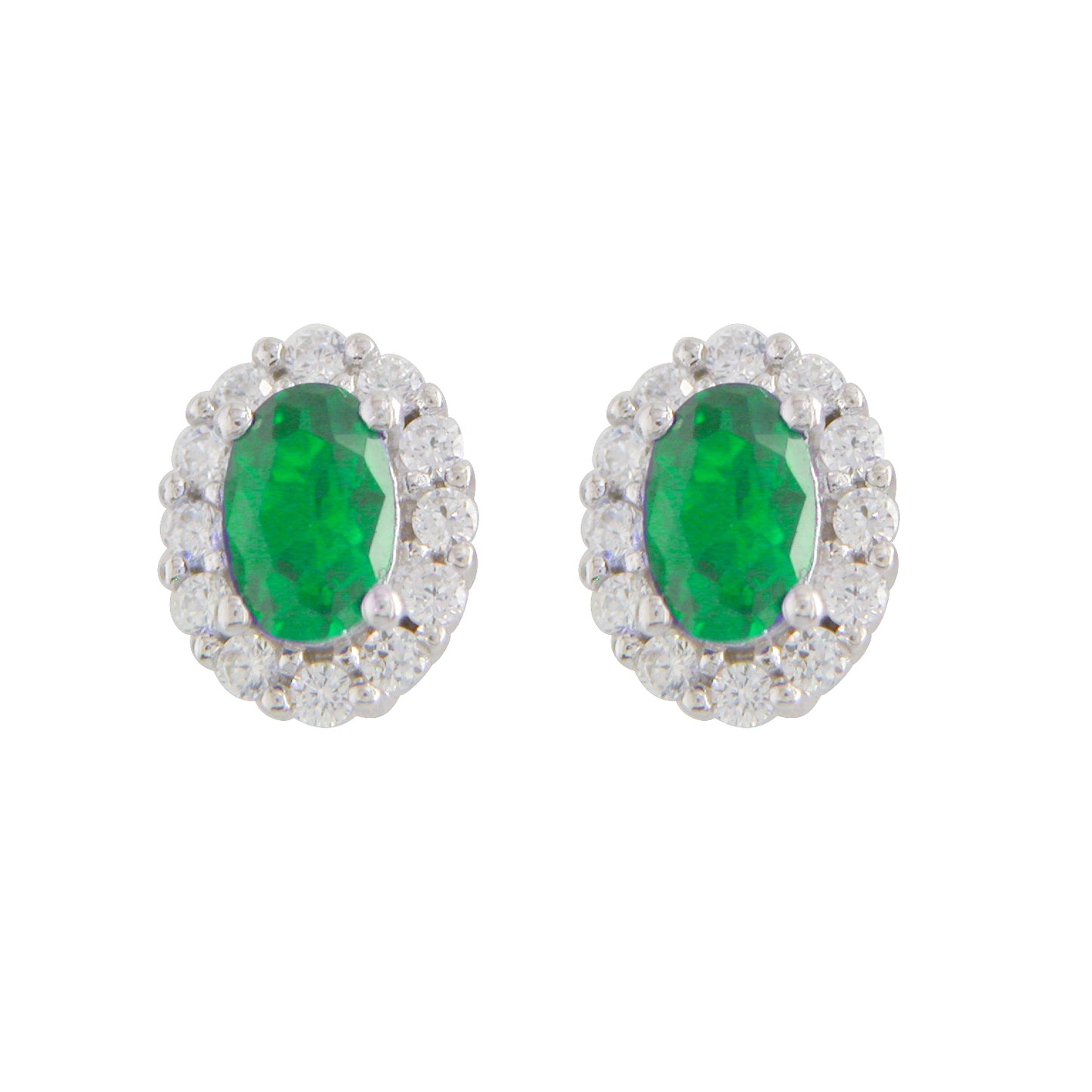Sterling Silver Cubic Zirconia Oval Emerald Cluster Earrings
