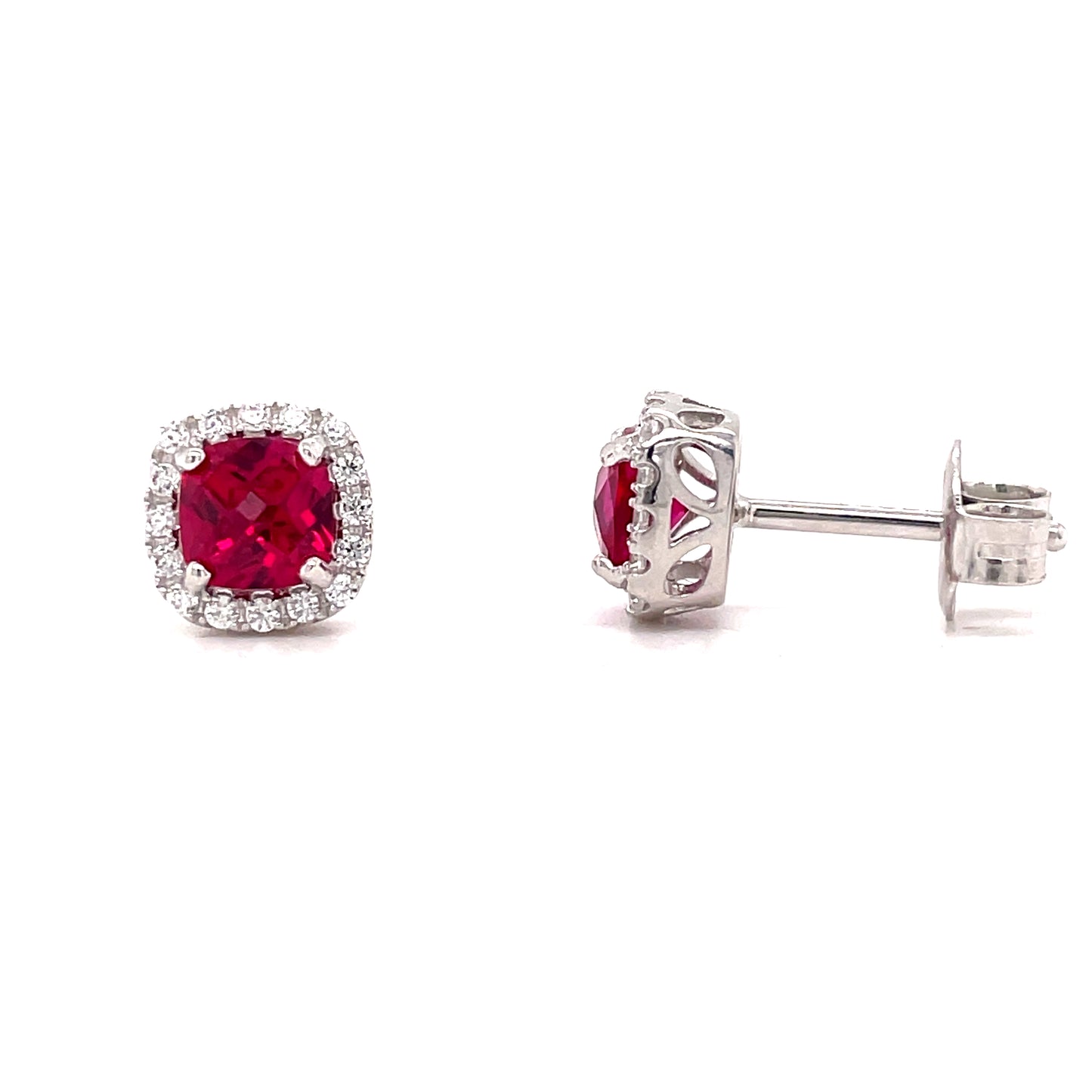 Sterling Silver Red and White CZ Cushion Cluster Earrings